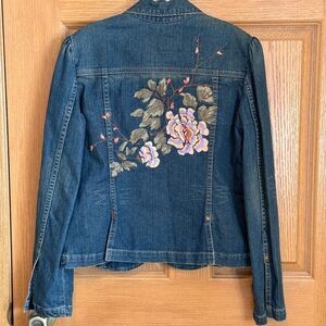 Vintage Calvin Klein Jean Jacket Large Embroidered Distressed Denim Boho Rocker